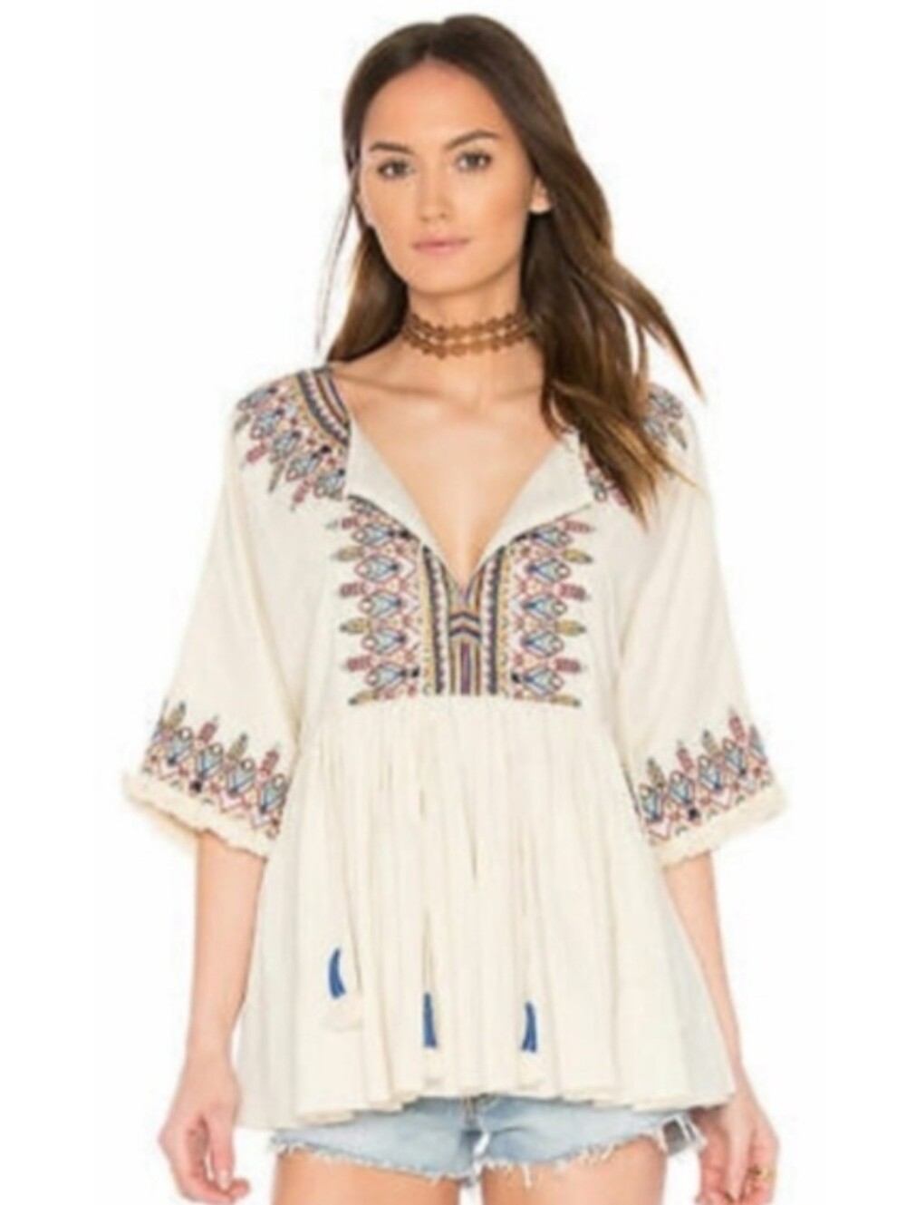 Kirsty H Velvet by Graham & Spencer Embroidered boho blouse Top women's sizeXS